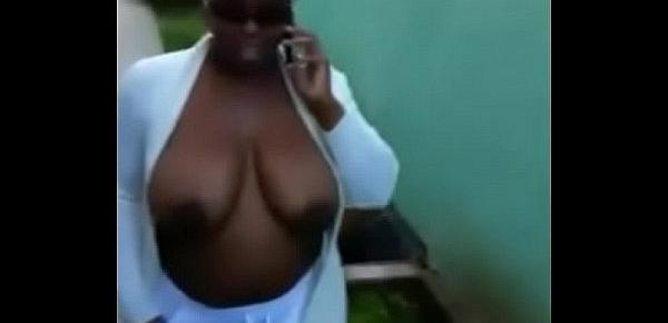  Ebony Topless in Public